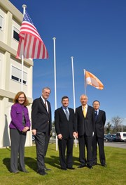 A salute to the flags. From left to right: US Consul General in Marseille Diane Kelly, newly appointed DDG and Director of the ITER Administration Department Richard Hawryluk, Ambassador Rivkin, ITER DG Osamu Motojima and Head of ODG Takayuki Shirao. (Click to view larger version...)
