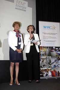 In recognition of her outstanding career in the nuclear field Francoise Flament (right) received this year's Women in Nuclear (WIN) Award from Dominique Mouillot, president of the gender equality initiative. (Click to view larger version...)
