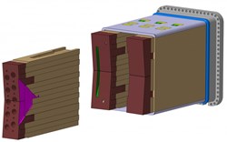 In this equatorial port plug, six diagnostic systems are integrated in pairs onto drawer-like stainless steel modules. The first wall is curved to match the plasma in the centre of the machine. (Click to view larger version...)