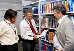 Saroj Das, ITER librarian; Dhiraj Bora, chairman of the Publication Board and DDG director of CODAC, Heating & Diagnostics; and Daniele Parravicini, DOC section leader, are charged with ensuring that—before publication—written material follows the proper approval channels. (Click to view larger version...)