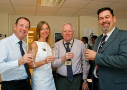 ... followed by a glass of champagne and a toast from Chairman Rem Haange, ITER Deputy Director-General (here with Mark Robinson, Krystyna Marcinkiewicz and Nenne Jakvik). (Click to view larger version...)