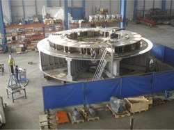 Pre-assembly of the 250-tonne cryostat base for JT-60SA in Aviles, Spain. (Click to view larger version...)