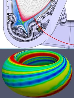 ITER pellet injection geometry (top) and modelled plasma pressure perturbation (bottom) caused by the injection of a pellet in ITER with the JOREK code leading to the controlled triggering of ELMs. [S. Futatani, IAEA Conference 2012] (Click to view larger version...)