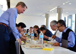 The Director of the European Domestic Agency, Henrik Bindslev (left), takes a seat facing DG Motojima and ITER India's Indranil Bandyopadhyay for a quick sandwich at the ITER cafeteria. (Click to view larger version...)