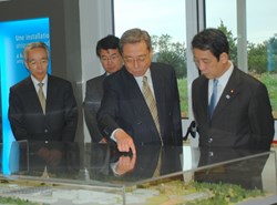 Inside the Visitors Centre, from left to right: Daini Tsukahara, Consul General of Japan in Marseille; Eisuke Tada, head of ITER Central Integration & Engineering; Director-General Ikeda; and Minister Kawabata. (Click to view larger version...)