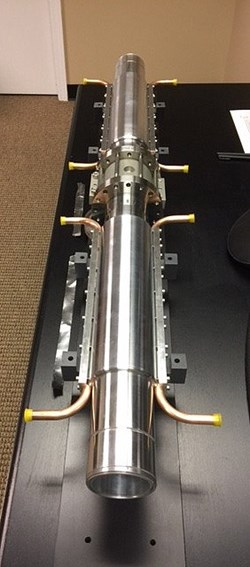 The electron cyclotron transmission lines feature multiple lines of aluminium waveguides (two small-scale prototypes are pictured). A new valve is under development with the aim of improving the confinement of the waveguide ''points of entry'' into the Tokamak Building and vacuum vessel. (Click to view larger version...)