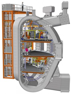 Four levels of aluminum staging inside the vacuum vessel will provide floor space of roughly 550 square metres. (Click to view larger version...)