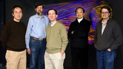 From left are PPPL scientists Weixing Wang, David Mikkelsen, Stephane Ethier, William Tang, and Greg Hammett with a plasma turbulence simulation in the background. Not pictured is WW Lee. (Click to view larger version...)