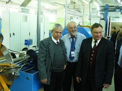 The first unit length of superconducting cable for ITER's poloidal field coil #6 will be manufactured by JSC VNIIKP and shipped to the jacketing supplier in Europe in July. From left to right: Eugen Bratu, EU-DA; Vitaly Vysotsky, Director of the VNIIKP Podolsk Office; and Sergey Lelekhov, DA Technical Responsible Officer. (Click to view larger version...)
