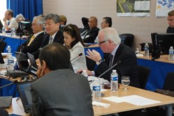 ITER Deputy Director-General Remmelt Haange (foreground) explaining the new strategic approaches. Next to him are Council Secretary Sachiko Ishizaka, MAC Chairman Gyung-Su Lee and Director-General Osamu Motojima. (Click to view larger version...)