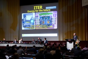 ''The advantages of fusion energy are considerable.'' Director-General Osamu Motojima takes the ITER Project back to Geneva—the place where it all began. (Click to view larger version...)
