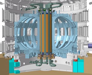 The central solenoid (in orange and green), the backbone of ITER's magnet system. Copyright: ITER Organization (Click to view larger version...)