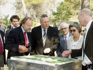 On 15 July 2003, as two European sites were competing to host ITER, French Research Minister (and astronaut) Claudie Haigneré presented the Cadarache site to Commissioner Busquin. Also present were Jean Jacquinot (left) and former IFMIF-EVEDA project leader Pascal Garin (right). (Click to view larger version...)