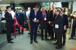 Opening the floor to the ISFNT Industrial Exhibition: Chairman Joaquin Sanchez (CIEMAT director); Fusion for Energy Director Henrik Bindslev; ITER Director-General Osamu Motojima; Vice-Consul of Netherlands in Barcelona Dirk Kremer; Hideyuki Takatsu, part of the ISFNT steering committee and ITER Council Chair; and Pere Torres, Secretary of Enterprise and Competitiveness for the Generalitat de Catalunya. (Click to view larger version...)