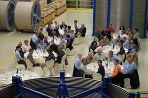 Dining among spools of coiled conductor at Criotec (Turin, Italy) could only be good for the morale of the 50+ participants at the latest Conductor Meeting. (Click to view larger version...)