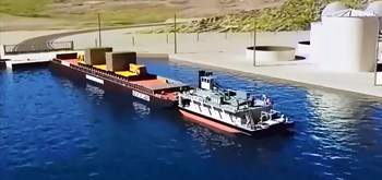 Pushed by a tug boat, the 80-metre barge coupled with a 65-metre pontoon will ferry the trailer and dummy load across the inland sea Étang de Berre. (Click to view larger version...)