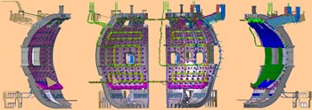 The ITER in-vessel configuration, representing (from left to right) the in-vessel diagnostics, the in-vessel coils, the blanket manifolds and the blankets. (Click to view larger version...)