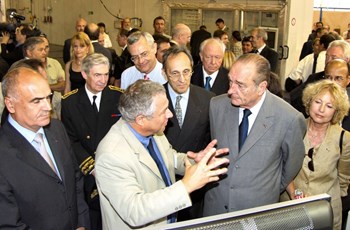 On 30 June, two days after the decision, French President Jacques Chirac was in Cadarache to celebrate the momentous event. From left to right, first row: Alain Bugat, Administrator-General of the French Atomic Energy Authoriy (CEA); Michel Chatelier head of the Fusion Research Department at CEA-Cadarache (DRFC); President Chirac; Pascale Amenc-Antoni, director of CEA-Cadarache. Second row: Christian Frémont, regional préfet; Jean-Louis Bianco, president of the Alpes-de-Haute-Provence département; Bernard Bigot, High Commissionner for Atomic Energy and Jean-Claude Gaudin, Mayor of Marseille and vice-president of the French Senate. (Click to view larger version...)