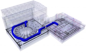 The cask and plug remote handling system is challenging to design due to the limited space in the environment of the tokamak, complex trajectories over multiple levels, and a nuclear environment. In blue: a sample trajectory between the Tokamak Building (left) and the Hot Cell Facility. (Click to view larger version...)