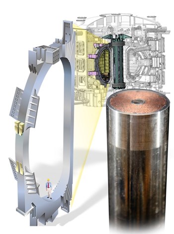 A drawing of single toroidal field coil shows the scale of the ITER Tokamak. Right: The compacted cable of superconducting strand is visible around the helium cooling channel in the middle of the completed conductor. Source: US ITER (Click to view larger version...)