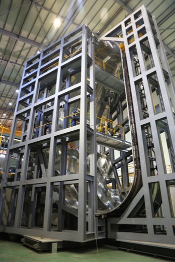 10- to 20-millimetre-thick sectors of thermal shielding will form an actively cooled barrier between the (warm) vacuum vessel and the (cold) magnets. This 40° segment was pre-assembled in August to test tolerances and to test the feasibility of assembly at ITER. (Click to view larger version...)