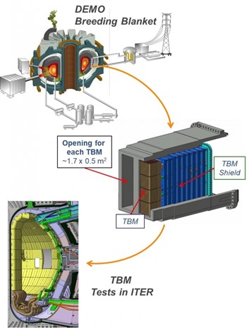 ITER's in-vessel test blanket modules are designed to represent the main features of a DEMO tritium breeding blanket—e.g., geometry, configuration of breeder/multiplier, temperature, pressure, and process flows including cooling and tritium extraction. The final objective is to provide enough information to successfully design, qualify and operate a breeding blanket and associated systems in DEMO. (Click to view larger version...)