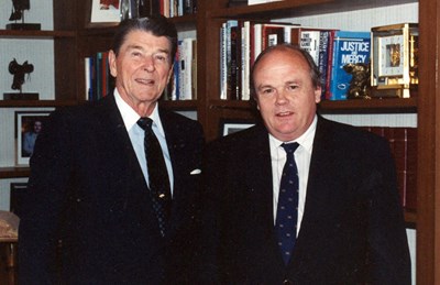 A physicist at ease in the world of global politics: Evgeny Velikhov, here with President Reagan, was an expert at building bridges, both personal and institutional, between the Soviet and US scientific communities. Photo: Kurchatov Archives (Click to view larger version...)