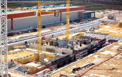 On the ITER platform, work is progressing on the foundations of the soccer field-size building that will accommodate the cryoplant. The completed building structure should be delivered in April 2017. © ENGAGE (Click to view larger version...)
