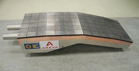 An example of a first wall semi-prototype, clad with 10-mm-thick beryllium tiles. This prototype was manufactured by Areva, one of European Domestic Agency suppliers. Other semi-prototypes have been manufactured and tested in Russia and China. (Click to view larger version...)