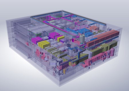 All processing, repair, refurbishment, and testing of components that have become activated by neutron exposure will take place in the ITER Hot Cell, a 200,000-cubic-metre, five-level structure near the Tokamak Complex. (Click to view larger version...)