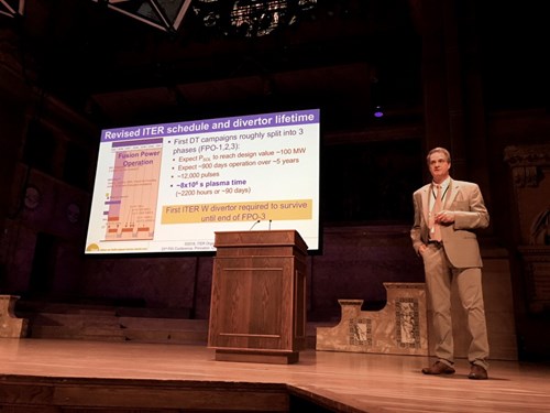 ITER was strongly represented at the PSI conference this year, with three posters and two talks. Here, under the venerable eaves of Richardson Auditorium, Richard Pitts is seen delivering his talk on the ''Physics basis for the ITER tungsten divertor.'' (Click to view larger version...)
