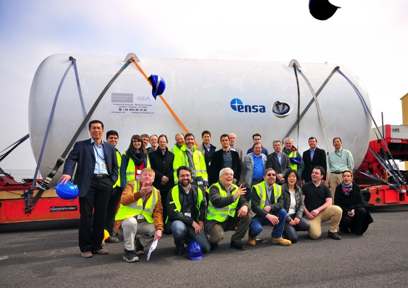 Representatives of the European Domestic Agency, ITER Organization, and ENSA celebrating the arrival of the 20-tonne tank at the ITER site. (Click to view larger version...)