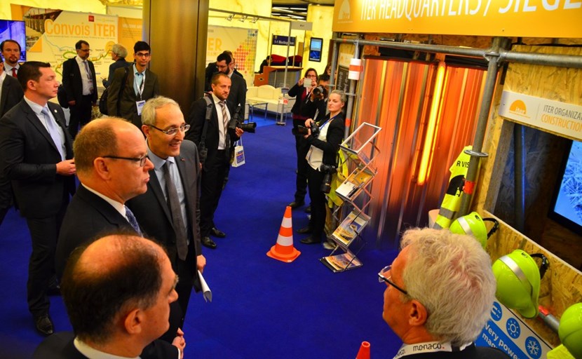 HSH Prince Albert II and ITER Director-General Bigot stop by the ITER display as they tour the 34 stands and industrial exhibits set up in the Grimaldi Forum, where the third Monaco-ITER International Fusion Energy Days are being held from 8 to 11 February in conjunction with the ITER Business Forum IBF/2016. (Click to view larger version...)