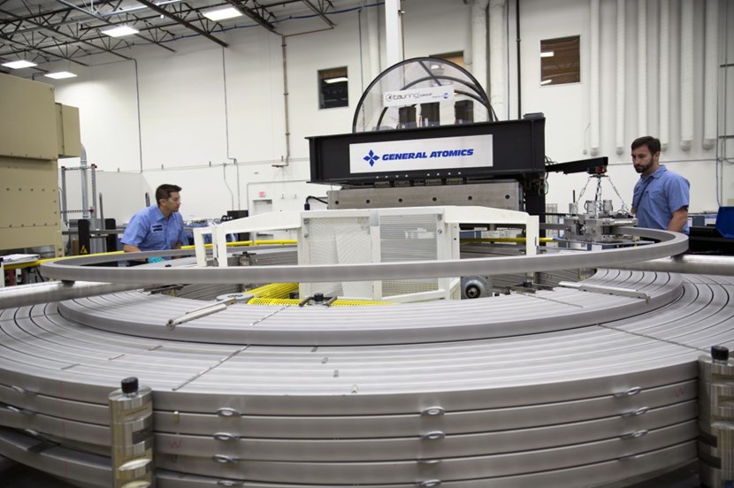 The final turns of the first central solenoid module on the winding table at General Atomics. Photo: GA (Click to view larger version...)