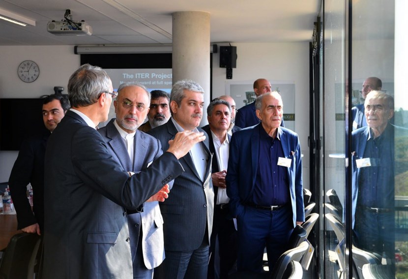 First row, from left to right: Bernard Bigot, Director-General of the ITER Organization; Ali Akbar Salehi, Vice President and head of the Atomic Energy Organization of Iran; Sorena Sattari, Vice President for Science and Technology; and Mahmood Ghoranneviss, head of the Plasma Physics Research Center at Azad University. The Iranian ambassador to Paris, Ali Ahani, was also part of the high-level delegation. (Click to view larger version...)
