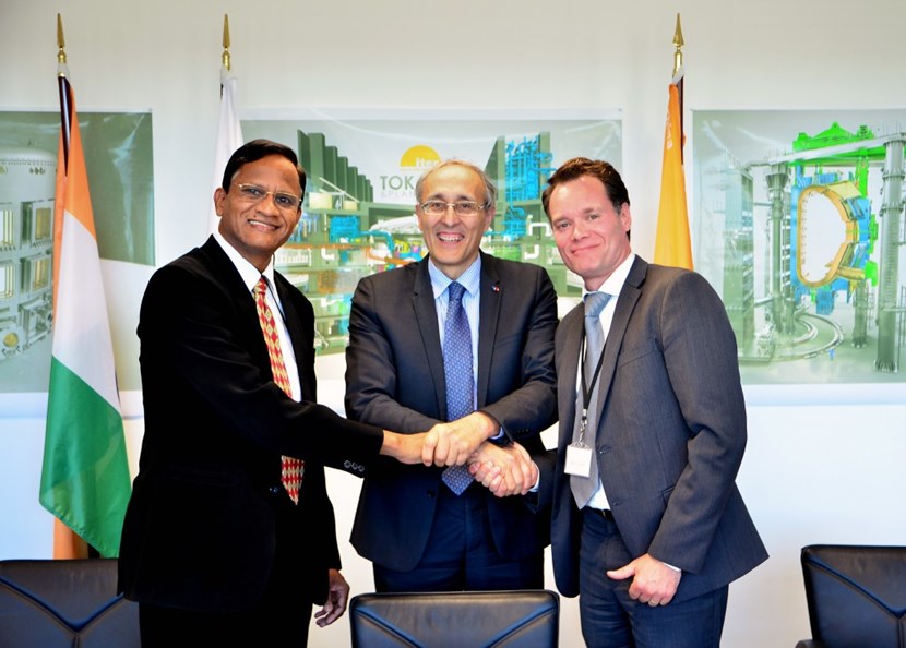 On 28 October, the contract for the manufacturing, qualification, testing and supply of the common port plug was awarded by the ITER Organization to a consortium formed by CNIM (France) and Larsen & Toubro (India). Pictured with ITER Director-General Bernard Bigot is Anil Parab, Senior Vice-President of Larsen & Toubro Heavy Engineering, and Ludovic Vandendriesche, Vice President of Nuclear & Big Science/CNIM Industrial Systems. (Click to view larger version...)