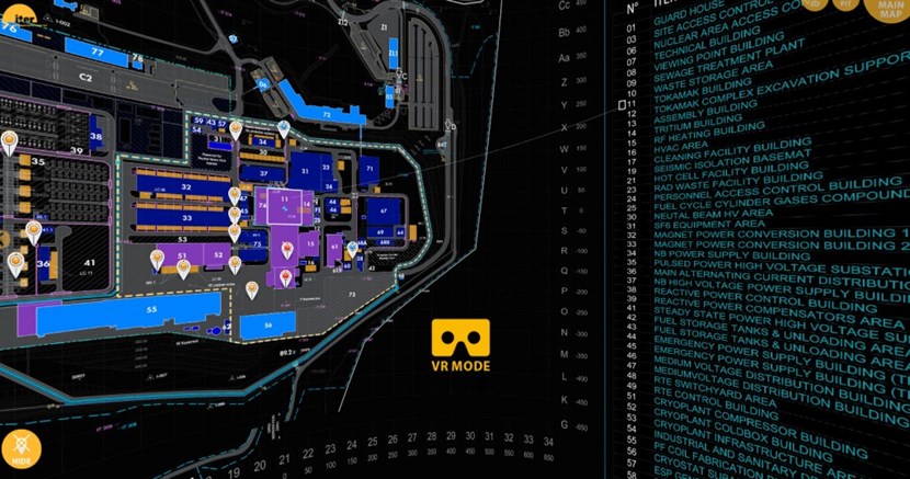 The tool opens to a 360-degree screen where you can choose between the overall site plan, a more detailed schematic of the Tokamak Complex, selected drone videos, or a key to the building maps. The teardrop-shaped markers open photos and videos shot by drone from different vantage points on the construction site. (The latest data set dates from October 2016.) (Click to view larger version...)