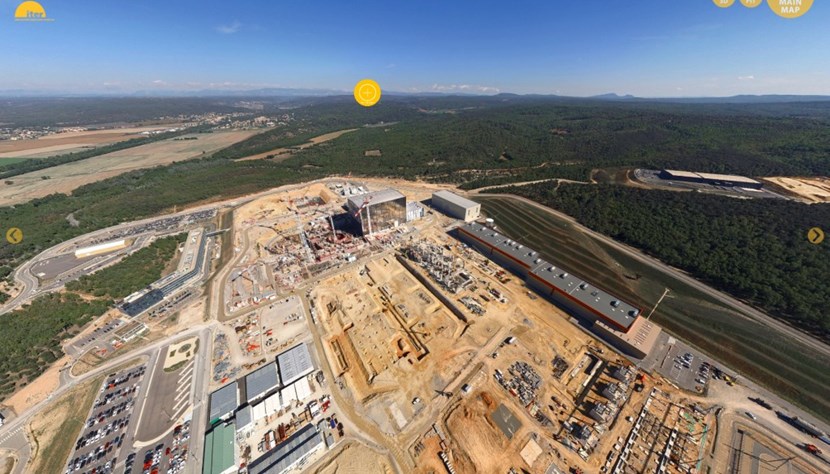 The blue teardrops take you high above the ITER worksite. Or, for a more earthbound experience, choose the yellow (ground-level) or red (interior view) teardrops. (Click to view larger version...)