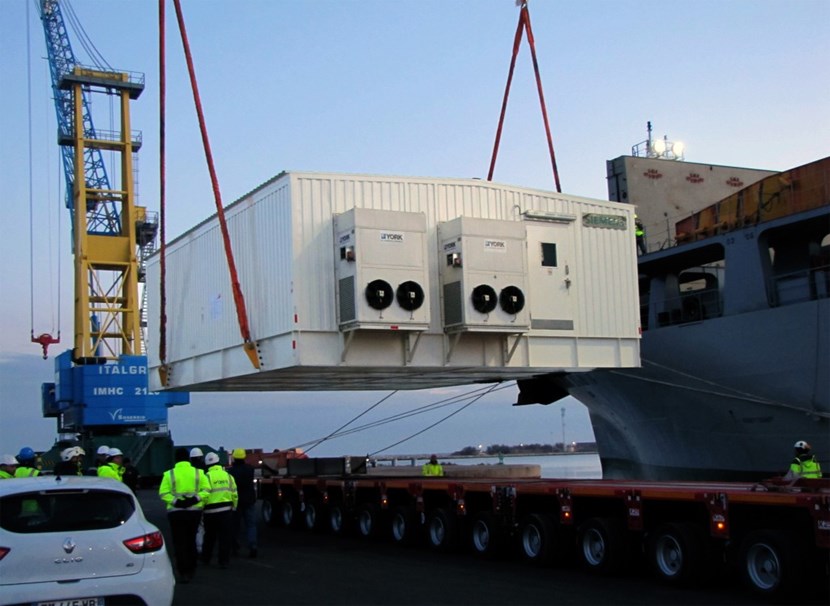 Procured by China, two E-houses for the pulsed power electrical network (PPEN) were unloaded last week in Fos-sur-Mer and are scheduled for delivery to the ITER site on 9 February. © DAHER (Click to view larger version...)