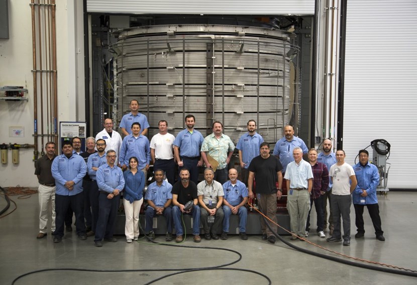 Something to celebrate: at the General Atomic Magnet Development Facility outside of San Diego, California, engineers and technicians have successfully completed the joining of the seven individual sections of the first central solenoid module. (Click to view larger version...)