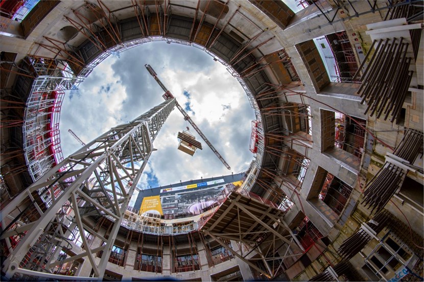 From inside the Tokamak Pit, looking out past the successive levels of the ITER bioshield. (Click to view larger version...)