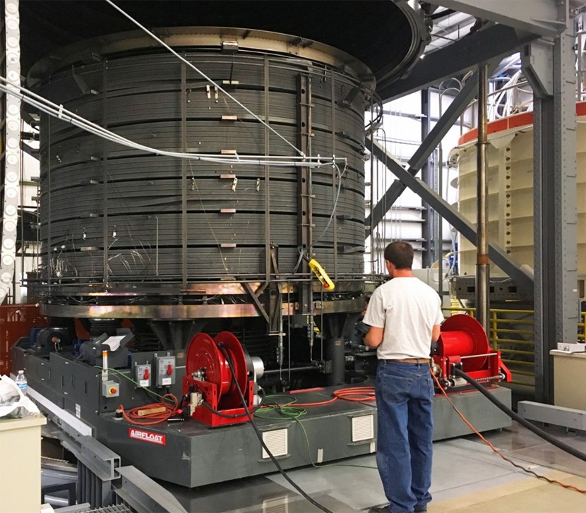 The heat treatment furnace at General Atomics can accept one central solenoid module at a time. During a month-long process, heat treatment reacts niobium and tin to form the superconducting alloy Nb3Sn. (Click to view larger version...)
