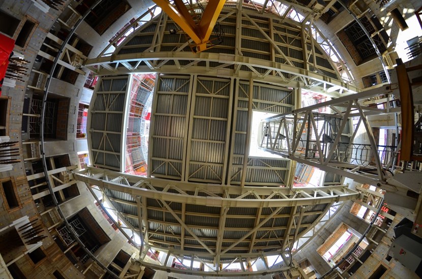 View from below: the steel structure will protect workers on the the lower-level of the machine ''well'' and will also be used as a storage platform. (Click to view larger version...)