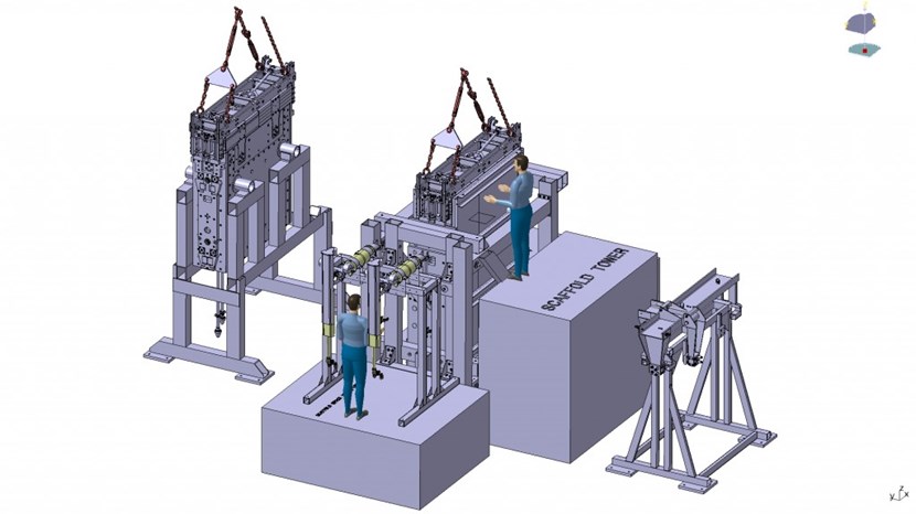 Equipment is already on order for the first task: verifying the maintainability of ITER diagnostic port plugs. The generic equatorial port plug (GEPP) test stand will allow operators to simulate basic vertical insertion operations (pictured) as well as more complex cooling pipe and fastening operations. (Click to view larger version...)