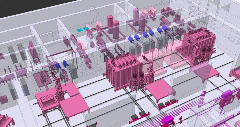 Tritium recovery and the characterization of the type B radwaste is carried out in this part of the Hot Cell. Two detritiation furnaces (large blocks, in pink) are set up near a packaging and sampling station, a laboratory, and a gas treatment system (moving clockwise from the furnaces). (Click to view larger version...)