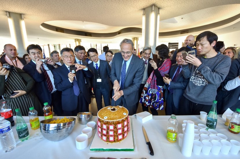 On 15 November, the ITER Community past and present gathered to celebrate the tenth anniversary of the effective establishment of the ITER Organization. A tokamak-shaped cake had been ordered, complete with a sugar-and-almond cryostat lid, cream-filled pastry-puff walls and sugar paste port openings ... (Click to view larger version...)