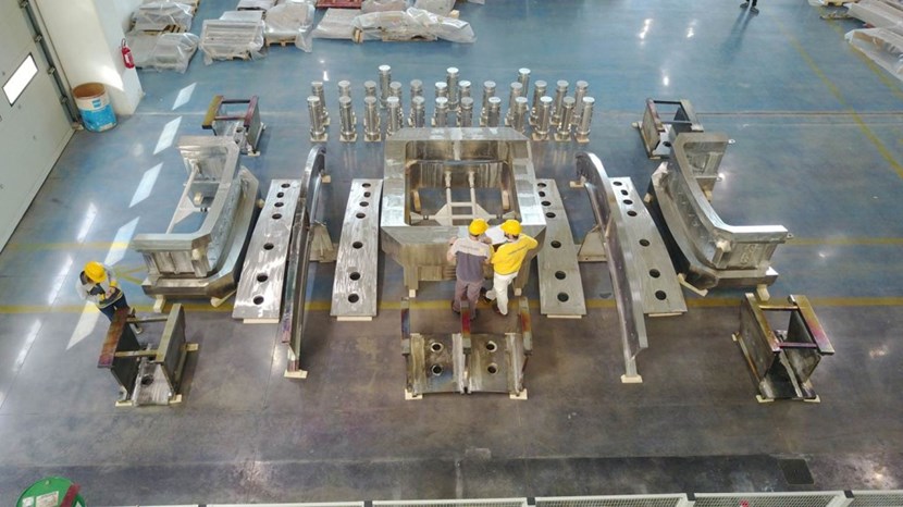 Assembly work is underway on one of the sub-segments of vacuum vessel sector #5. Vacuum vessel manufacturing is time-consuming and labour intensive due to the sheer volume of sub-elements, their unconventional shapes, and their size. (Click to view larger version...)
