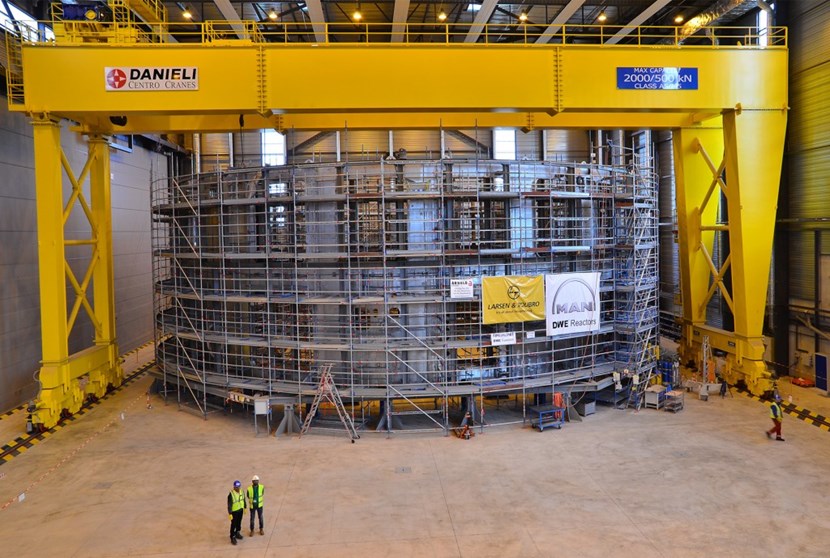 Nothing gives a better sense of the size of the ITER machine than the ongoing works in the Cryostat Workshop, where the the lower cylinder and base section of the cryostat are being assembled and welded under the responsibility of Indian contractor Larsen & Toubro. (Click to view larger version...)