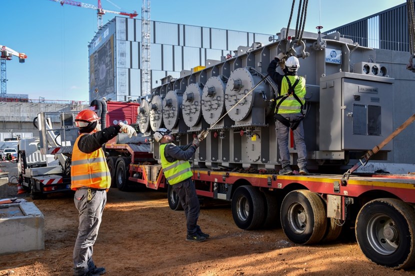 This transformer is the first of 18 to be delivered by Korea. It is part of equipment being installed at the Magnet Power Conversion buildings to convert electricity to the specific configuration of voltage and current needed by the ITER magnets. (Click to view larger version...)