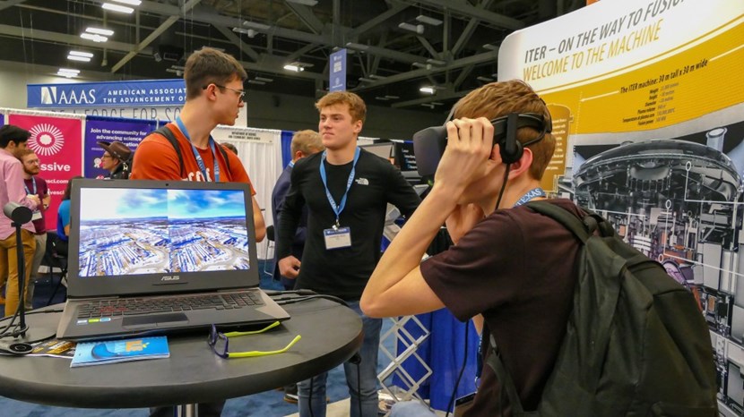 There was a never-ending stream of visitors at the ITER stand, including many young students like these three from the UK. (Click to view larger version...)